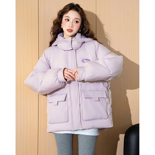 TonLion 2025 women's contrasting color stitching stand-up tie hooded cotton coat gauze purple L