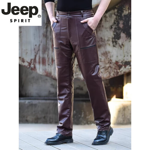 Jeep spirit high -end leather pants male head layer cowhide plus velvet thickened motorcycle middle -aged loose straight leather pants waterproof black conventional spring and autumn no inner end 36