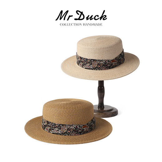 Mr DUCK Light Luxury Grade Imported Philippines Ultra-Lightweight Breathable Natural Linen French Flat Top Hat Large and Small Head Circumference Hat MS56329-Light Rice (Flat Top Straw Hat) S(52-54cm)