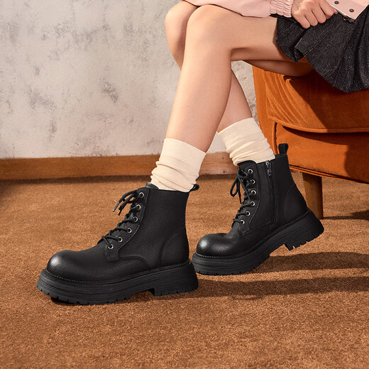 Tianmeiyi Frauenstiefel dicker alleinerer britischer Retro Sechs-Loch-Kurzstiefel für Frauen Martin-Stiefel modische Frauenschuhe KDX06DD4 Black (Samt) 37