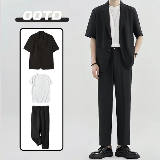 GOKU men's suit summer short-sleeved youth light business suit three-piece college student graduation interview job black short-sleeved suit + white T + black trousers L Weight 120-130 Jin Jin equals 0.5 kg