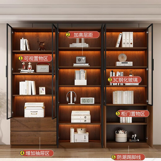 Caixiang bookcase with glass door display wine cabinet home living room hand-made integrated wall to top solid wood walnut color bookshelf 40 single door walnut color installation included standard version delivered to the home