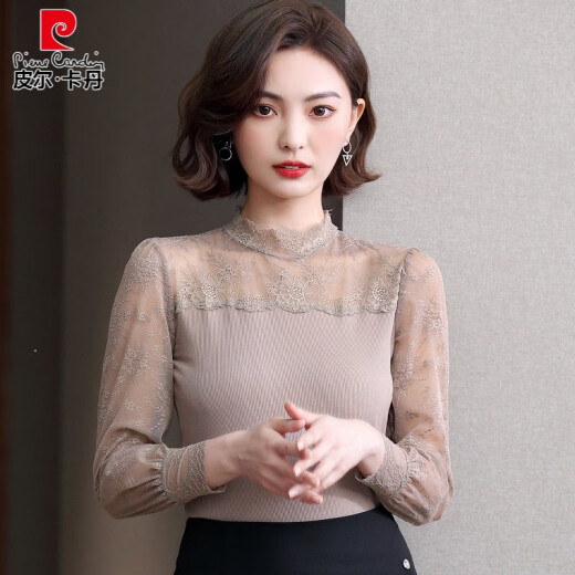 Pierre cardin spring and autumn clothing 2025 new half-turtleneck lace base shirt for women with modal long-sleeved T-shirt top 7027 black polka dot polygon collar One size (90Jin[Jin equals 0.5 kg]-135Jin[Jin equals 0.5 kg])