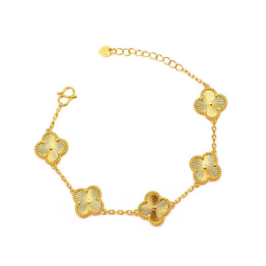 Five-flowered four-leaf clover bracelet new 24K gold women's 999 plain gold clover bracelet 3D hard four-leaf clover ring #6, about 4.2 grams