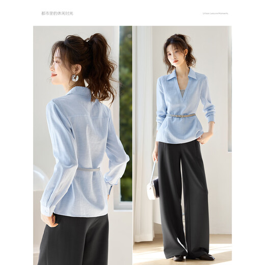 Mohan Yimei Hemp Commuting Shirt 2025 Autumn New Belt to Cinch the Waist for Slimming Splicing Versatile Simple Shirt Blue L