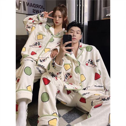 Full bundle of Crayon Shin-chan coral velvet autumn and winter pajamas for women, plus velvet and thickened home clothes, couple flannel men's suit, plush #M10# couple cardigan Crayon Shin-chan 2XL male size (weight 140-160Jin Jin is equal to 0.5 kg)