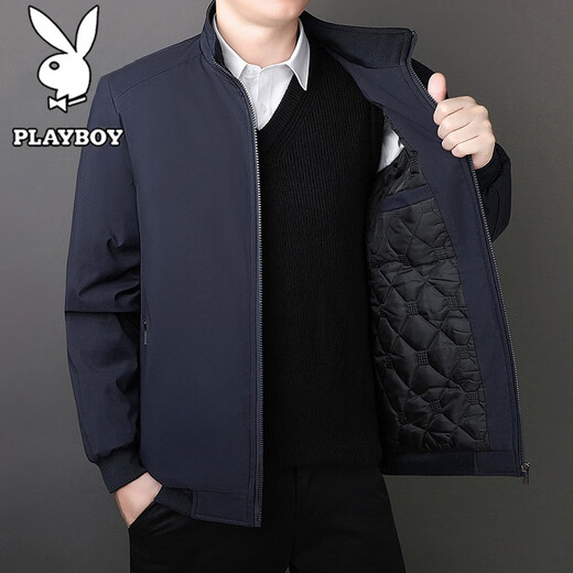 PLAYBOY Cotton Men's Autumn and Winter Jacket Cotton Large Size Men's Business Casual Windproof Stand Collar Jacket Black XL