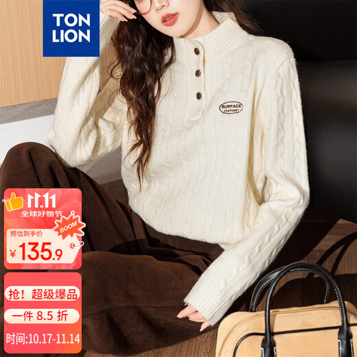 TonLion 2025 Autumn Women's Exquisite Cable Half Cardigan Half Turtle Collar Pullover Sweater Simple and Versatile Korean Fashion