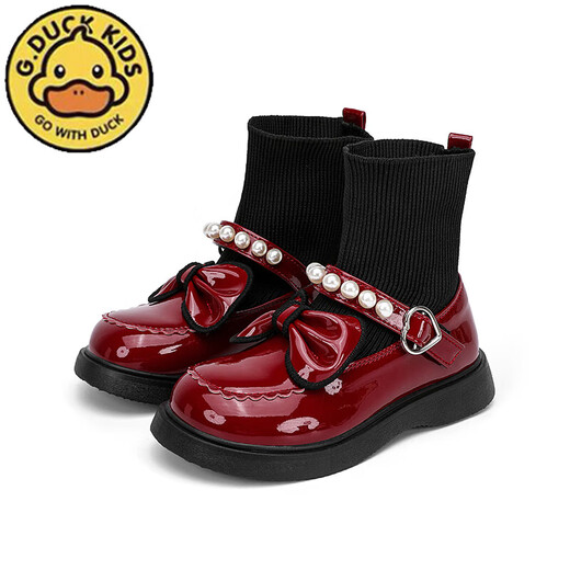 G.duck Little Yellow Duck Girls' Shoes Small Leather Shoes 2025 Children's Short Boots Princess Martin Boots Autumn and Winter Little Girls Black Boots HDL-Red 818 (Single Shoe) Size 37 Inner Length 22.9cm
