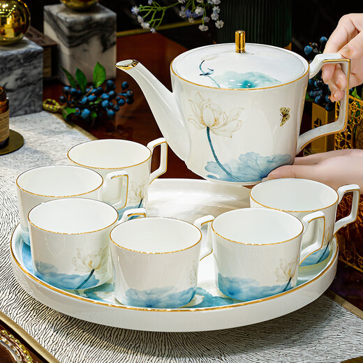 NINE CRANES Jingdezhen cup set 2024 new home light luxury bone china tea cup gift set tea set rotating tray high-end bone china water set 8-piece gift box