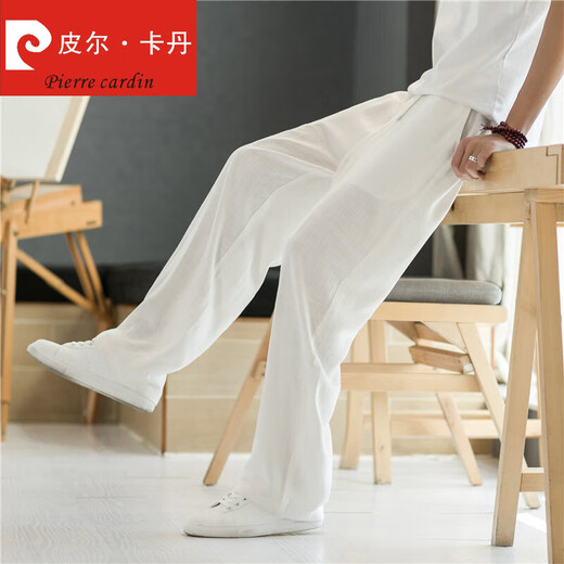 皮尔卡丹（pierre cardin）亚麻裤男裤子夏季薄款休闲裤春夏直筒运动长裤中国风宽松棉麻男裤 米色 XL 135-150斤