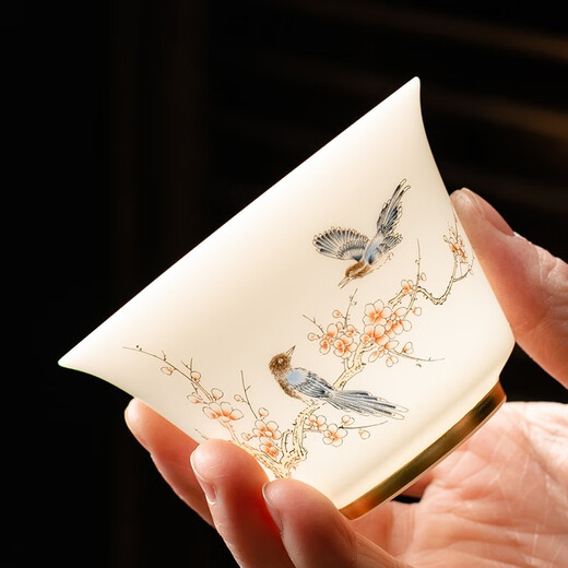 Shengye Mingdao Kung Fu Tea Set Set Suet Fat Jade Ceramic Tea Cup Fair Cup Lid Bowl Home Gift Box Set Happy Eyebrows - Chinese White 10 pieces