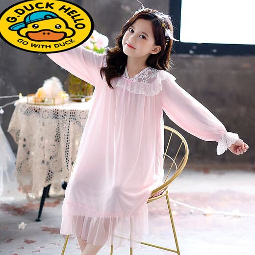 G.Duckkids Little Yellow Duck Girl Pyjamas Sommer Kinder dünne kurzärmelige Spitzenmodal Nachthemd Little Girl Palace Style Eltern-Kind JY1477 Pink Longärmed 140