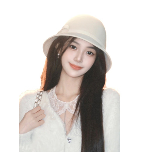 Qiao Meiting daughter style white Hepburn style small top hat big head circumference temperament fisherman hat women spring and summer French elegant basin hat trend white-one-byte woolen basin hat adjustable