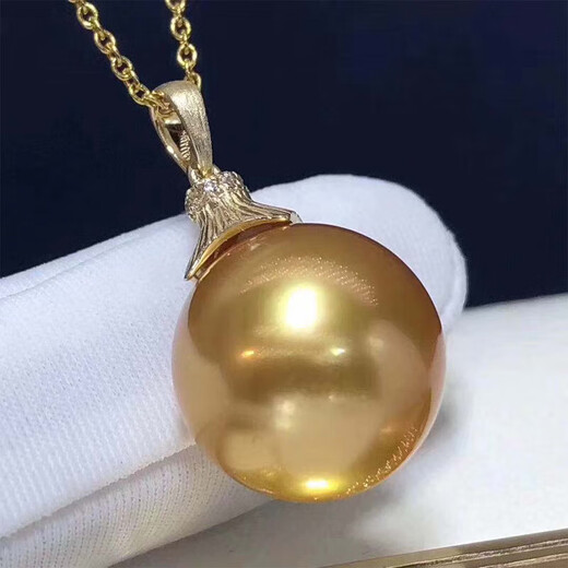 Jinxu natural color seawater gold beads pearl pendant 13-14mm retro 18K gold necklace perfect round and flawless for women 13-14 gold