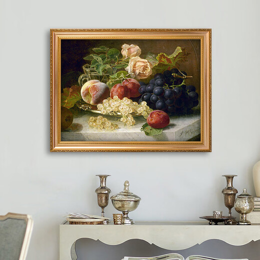 帝旗 玫瑰花卉桃子葡萄水果静物画纯手绘油画餐厅装饰画饭厅挂画横版 692金 90X70 横版长方形