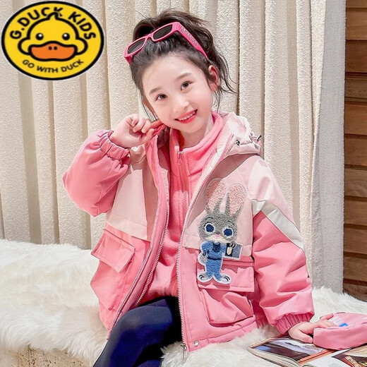 G.DUCKKIDS Girls Rabbit Police Jacket Three-in-one Padded Thickened Jacket Autumn and Winter 2025 New Children's Cotton Clothes Pink Jacket Padded Thickened 110