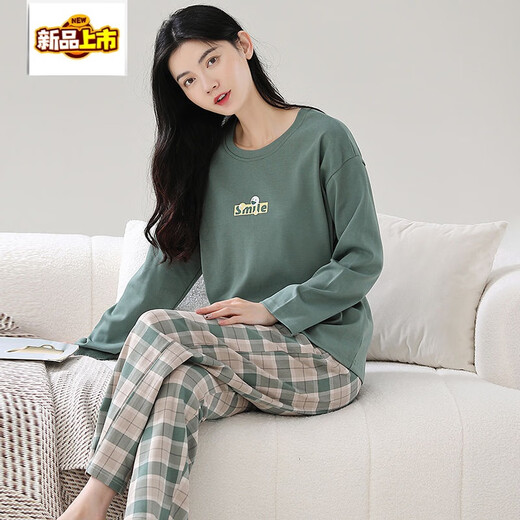 MIDNITE STAR pure cotton pajamas for women spring and autumn long sleeves internet celebrity round neck autumn sweet home clothes cotton set YSH-long sleeves set #1289 M double-sided pure cotton/suggested 80-100Jin [Jin equals 0.5 kg]