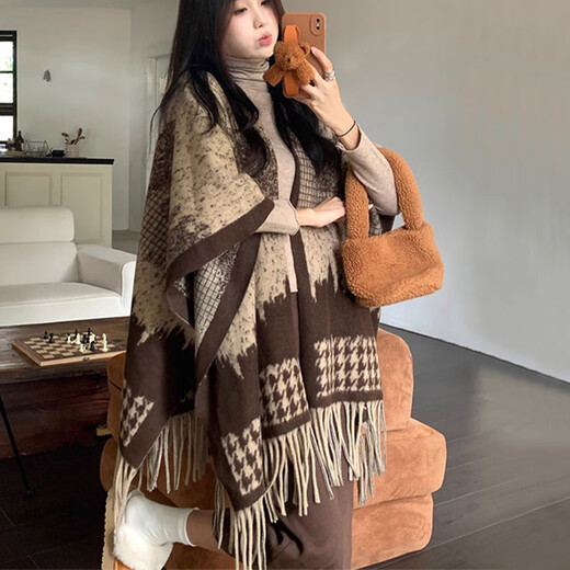Yijian shawl scarf for women in autumn and winter travel versatile warm scarf retro ink painting pattern thickened tassel cape cape shawl [landscape painting - khaki] (about 100*150cm)
