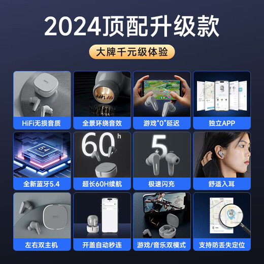 Sibyl True Wireless Bluetooth Headset In-Ear Binaural Noise Reduction Sports Games Low Latency Music High Quality Ultra Long Battery Life Suitable for Huawei Oppo Apple Vivo Student Gospel Blue APP + 40ms Low Latency + 60h Battery Life