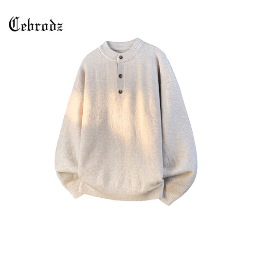 Cebrodz French sweater men's autumn and winter new American sweater Henry collar loose coat versatile casual tops light gray L