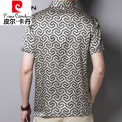 皮尔卡丹（pierre cardin）印花桑蚕丝短袖t恤男真丝绸缎面半袖上衣潮流宽松大码翻领polo.衫 880黑色 165/48/M