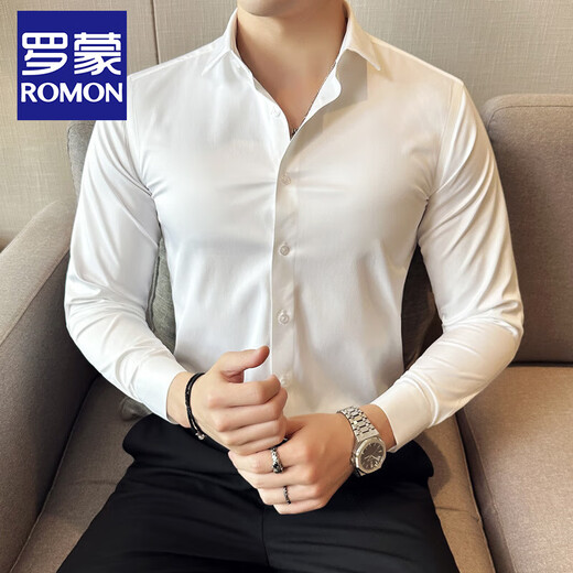 
ROMON high-end touchless shirt men's long-sleeved slim elastic spring and autumn new style free iron business casual men's wedding shirt light blue 38/S
