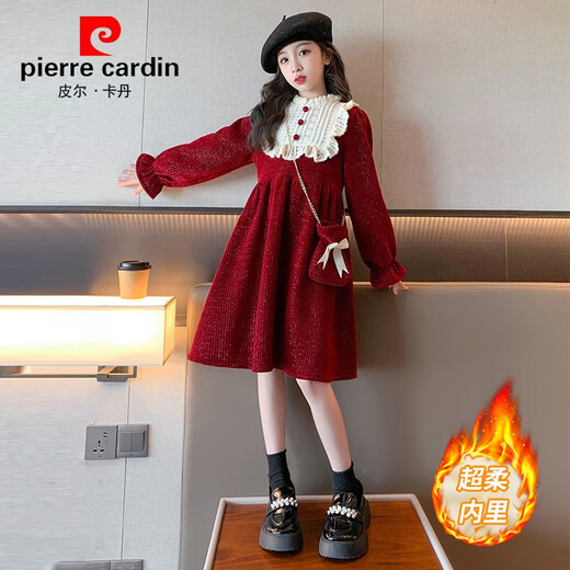 Pierre Cardin Girls' Autumn and Winter Velvet Dress 2025 New Big Children's Winter Thickened Bright Silk New Year's Dress Princess Dress Velvet Skirt Red 150 cm