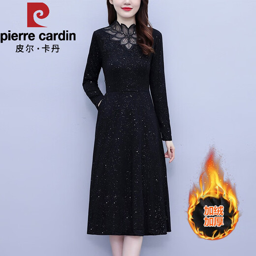Pierre Cardin velvet thickening coat bottoming dress for women in autumn and winter new style mom fashion slim long-sleeved skirt black velvet 3XL recommended 135-150Jin Jin equals 0.5kg