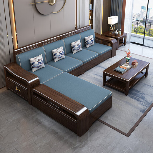 Mo Chen Sofa Purple Gold Sandalwood Solid Wood Sofa New Chinese Style Living Room Size Winter and Summer Corner Storage Furniture Four Seats + Imperial Concubine + Long Coffee Table