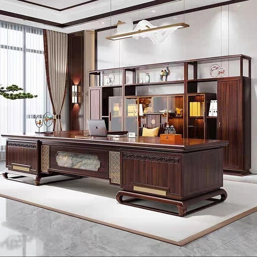 Tanxiao New Chinese Style Black Gold President Desk Boss Desk Executive Desk Bookcase Solid Wood Light Luxury High-End Study Furniture For Color and Size Customization Contact Customer Service