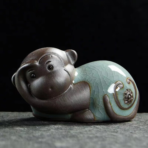 Zhenfan Ceramics Twelve Zodiac Ornaments Complete Set Cute Mini Rat Ox Tiger Rabbit Dragon Snake Horse Sheep Monkey Chicken Dog Pig Tea Pet Ornaments Monkey-(Ge Kiln Model)