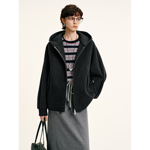 COKEYA/Constant temperature small heater hot melt Cornelli hooded double zipper casual sweatshirt fashion jacket top women autumn and winter dark gray (heating constant temperature) L