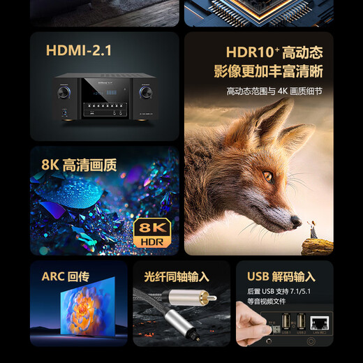 QISHENG AV-189 power amplifier home 5.1 high-power KTV karaoke public amplifier professional HIFI fever audio panoramic sound 7.1 Dolby DTS high-definition HDMI home theater gold model 7.1 Dolby DTS dual decoding panoramic sound