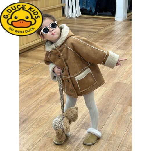 G.DUCKKIDS Little Yellow Duck Girls' Lamb Wool Jacket 2025 Autumn and Winter New Children's Fur All-in-One Coat Thickened and Warm Brown Brown Velvet 100cm