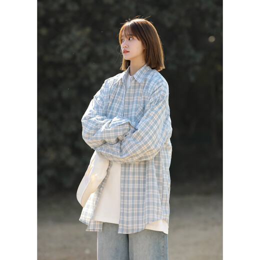 QGF long-sleeved shirt for women spring new forest style small person loose versatile casual simple Korean style college style jacket trendy blue check M