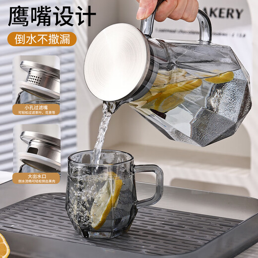 Glass water cup set, high temperature resistant, high-end tea set, large capacity, household drinking water, teacup, teapot, cold kettle, juice, smoky gray, with tray and cup holder
