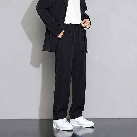 SHANNU casual pants men's spring and summer draped thin trendy loose wide-leg ice silk straight business suit trousers black [high quality] L