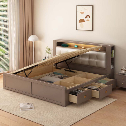 
Yu Feiqi Nordic multi-function soft solid wood double bed modern simple high box night light storage charging wedding bed 9901# single bed [with light with socket] 1.8*2.0m (frame with tail withdrawal)