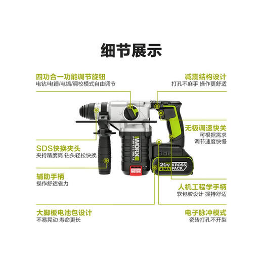 三栖虎WU388锂电无刷电锤冲击钻电镐充电式大功率工业级电动工具 WU3884.0双电整套 送钻头礼
