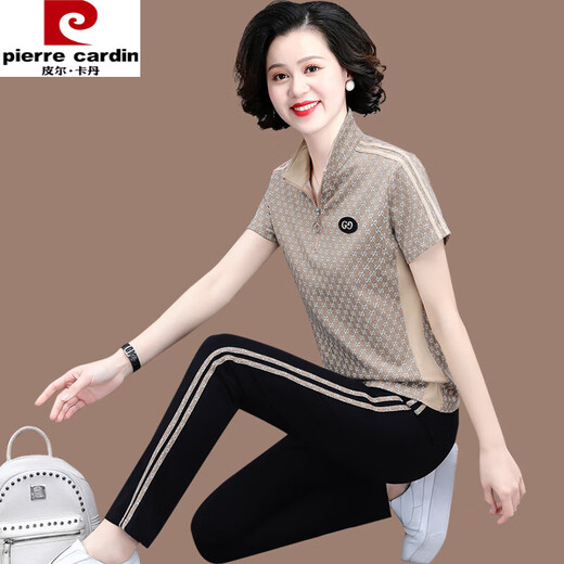 Pierre cardin middle-aged mother summer short-sleeved T-shirt middle-aged sportswear suit women summer stand collar top fashion two-piece set 6625 black two-piece set 4XL (suitable for 142-155Jin [Jin equals 0.5 kg])