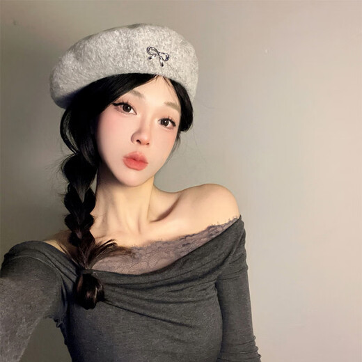 Yi Jian beret with bow for women, versatile temperament, retro fashion painter hat, autumn and winter hat with wool beret, exquisite bow beret, gray, one size fits all (recommended 55-57cm)