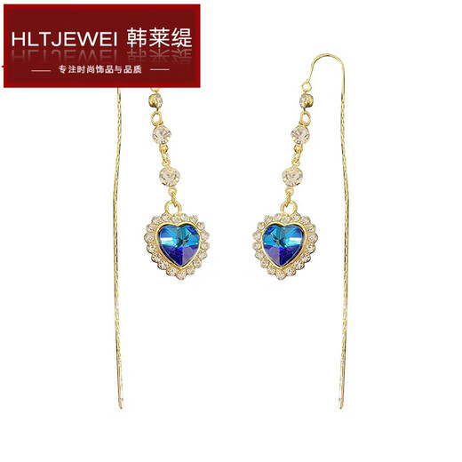 韩莱缇（HANLAITI）心心相印蓝水晶爱心耳线女韩式百搭轻奢感镶钻精美耳饰品 E3887金绿