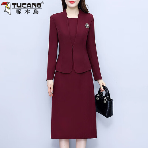 Woodpecker (TUCANO) high-end long-sleeved dress fashion set Qiuxi Mom M mother-in-law two-piece skirt wine red minimal color difference 2XL 122-132Jin Jin equals 0.5 kg