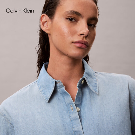 Calvin KleinJeans Spring and Autumn Women's American Trendy Retro Casual ck Light Blue Washed Cotton Loose Denim Shirt 346-denim light blue S