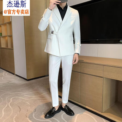 Jason's business suit men's high-end casual commuting formal design handsome young man's wedding small suit jacket white (suit + shirt + pants) L