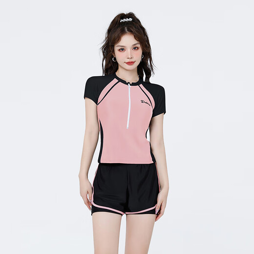 梵迪拉（F.DYRAA）泳衣女高级分体短袖温泉保守显瘦游泳馆泳装四件套12034黑粉色XL