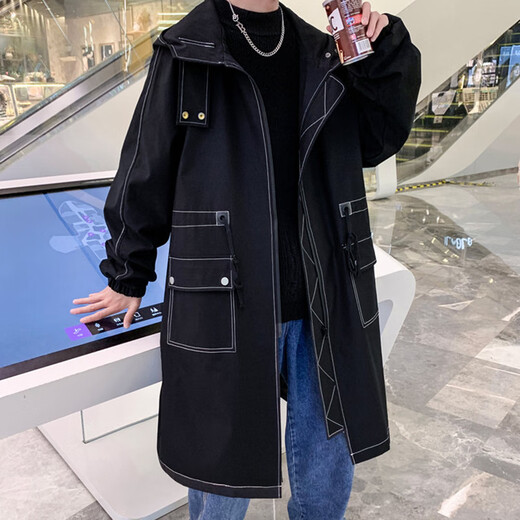 JEEP SPIRIT Jeep windbreaker jacket men's mid-length British coat hooded Korean style casual jacket black M