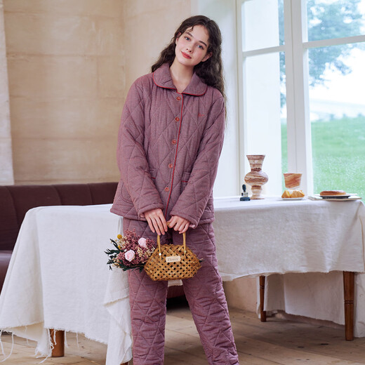 American Standard's new three-layer thickened cotton couple pajamas set men's cotton casual plaid can be worn outside home clothes, deep sea blue XL