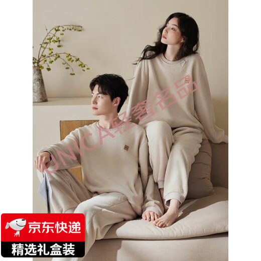 FENTENGG light luxury brand couple pajamas women's anti-static winter coral velvet thickened plus velvet men's autumn and winter flannel 57039 meters apricot L does not pill, does not fade and does not deform